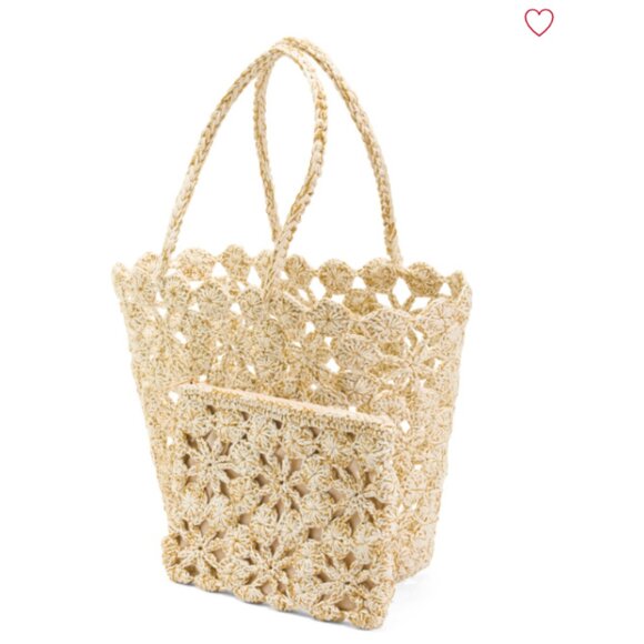 . NEW MOST WANTED womens Metallic Crochet Tote Bag With Matching Pouch ivory 253 - Picture 6 of 7
